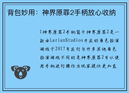 背包妙用：神界原罪2手柄放心收纳